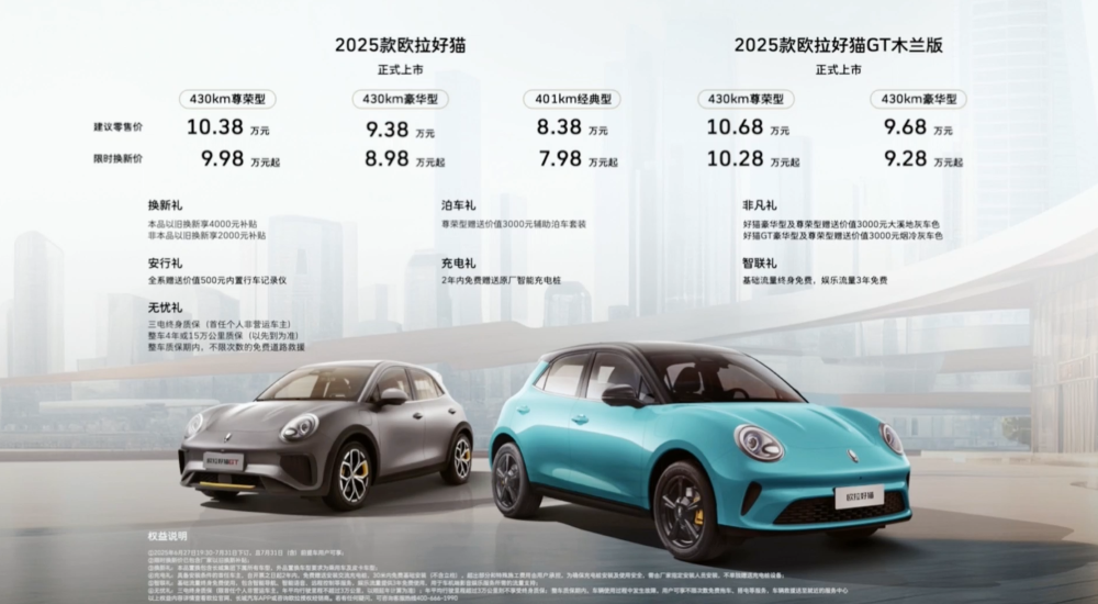 2025款欧拉好猫限时7.98万起售!搭载泊车辅助系统,最长续航430公里