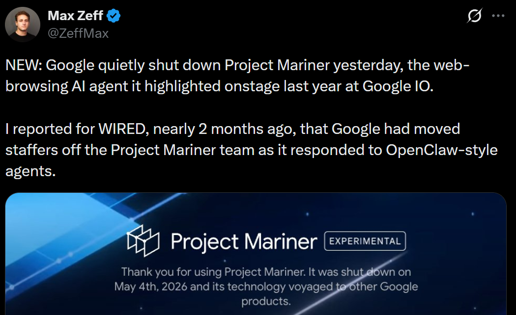 皮查伊去年亲自演示的网页浏览AI Agent,悄悄关停了