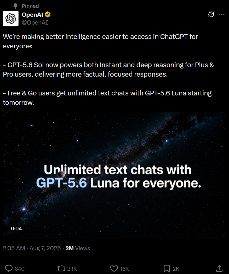 GPT-5.6免费了?Luna免费文字聊天,还加入思考模式