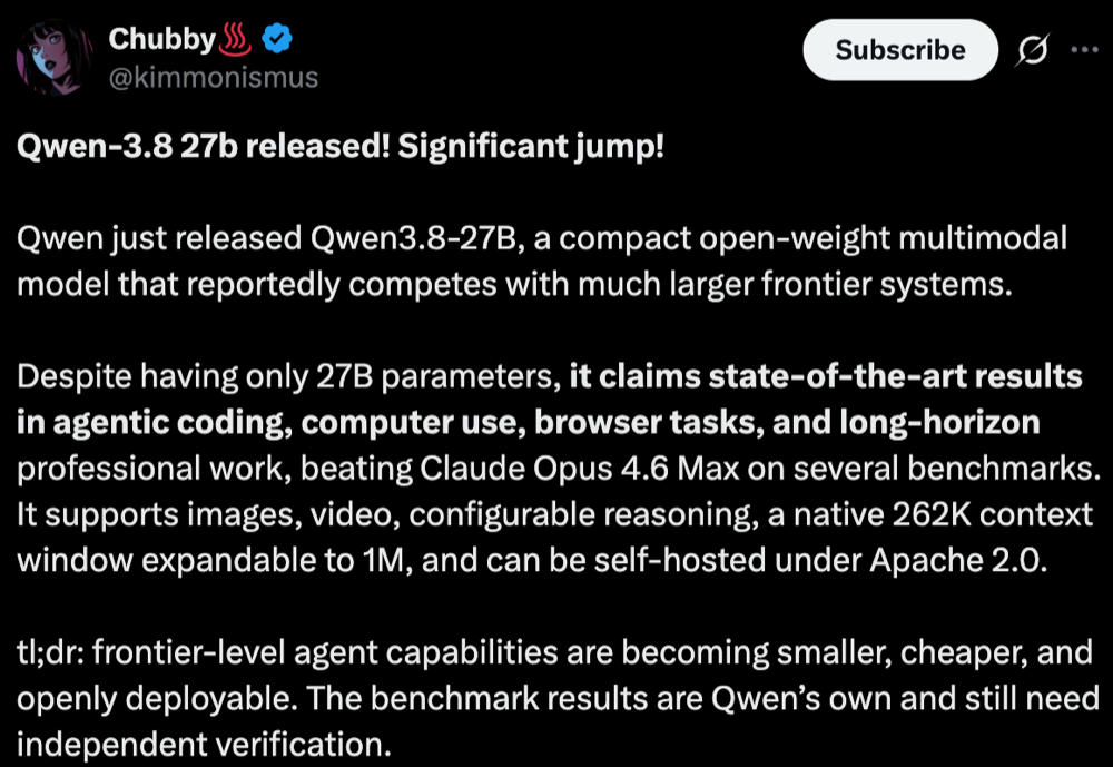 刚刚,阿里Qwen3.8-27B开源!家用显卡可跑,能看图看视频