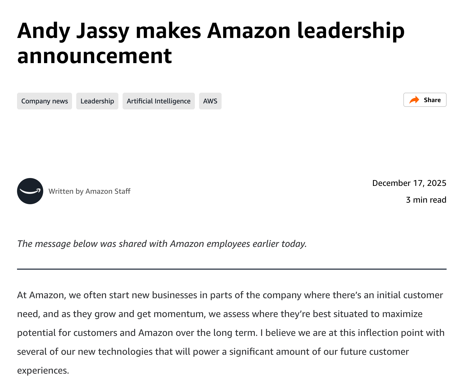 亚马逊AI团队大调整！首席科学家离职、26年老将接任，还要建全新AI部门