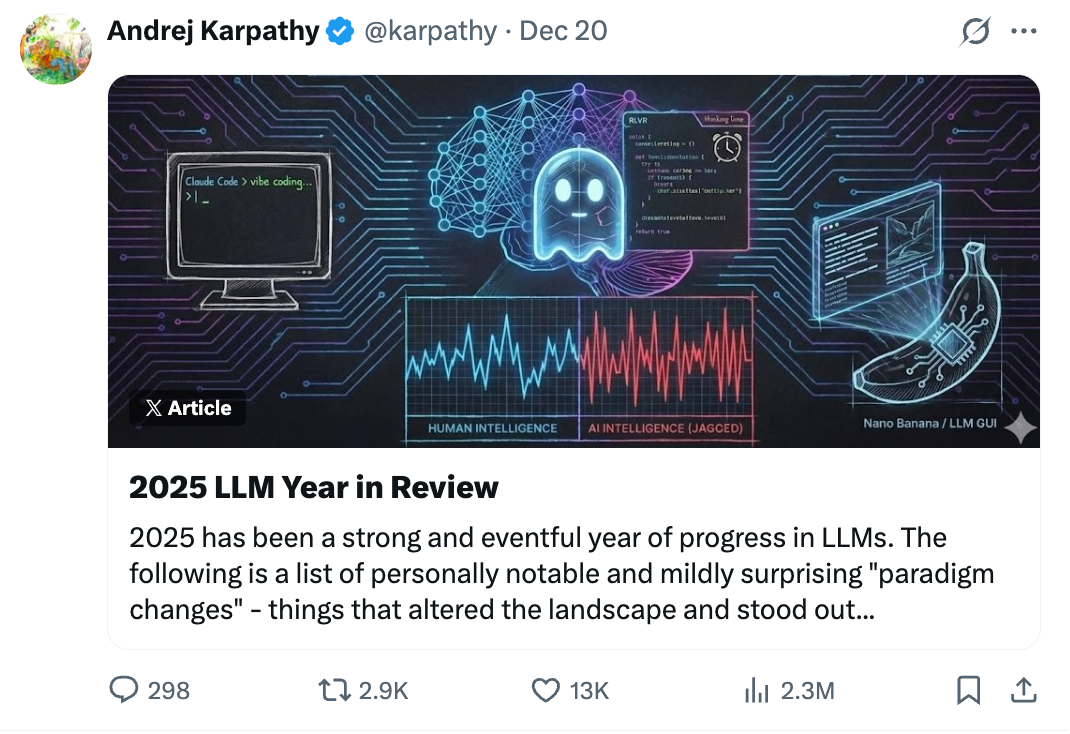 AI大神卡帕西发年终总结！大模型有6大转折点，潜力挖掘不足10%