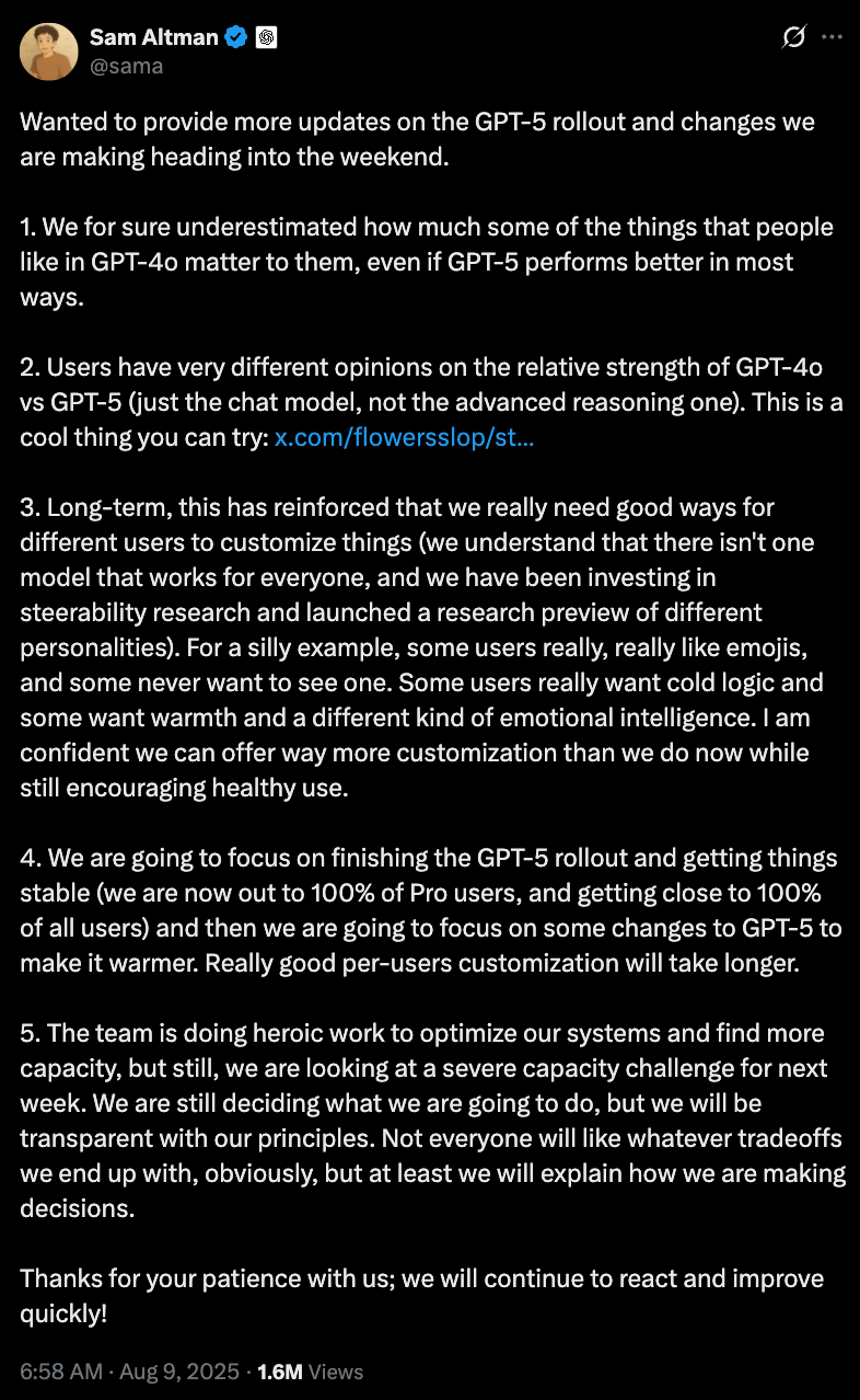 阿尔特曼认错!紧急恢复GPT-4o,GPT-5周末爆更,额度翻倍