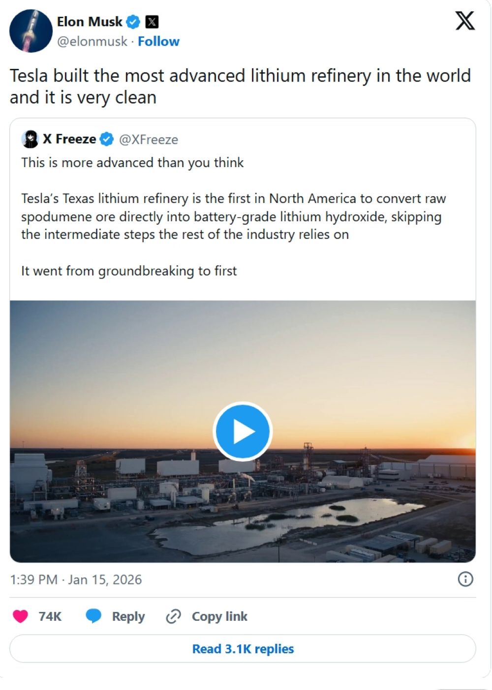 特斯拉得州锂精炼厂启动！成本更低且环保，加速动力电池产业链搭建