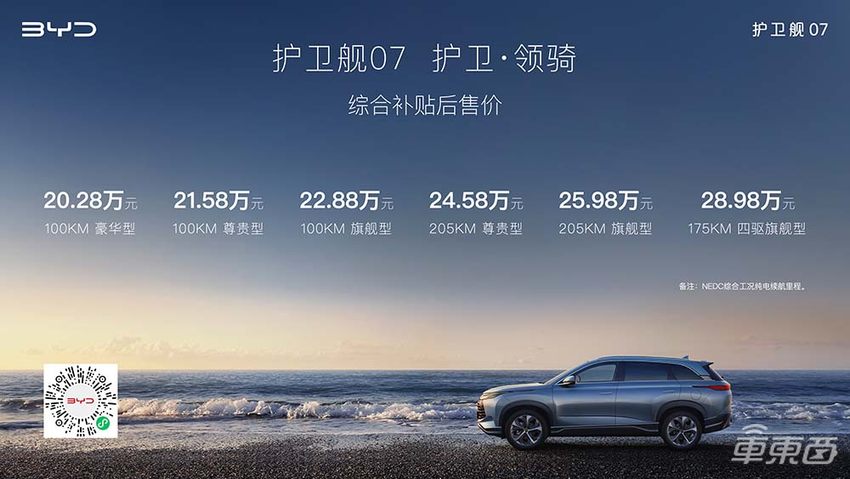 比亚迪护卫舰07上市：20.2万起售，纯电续航最远205公里