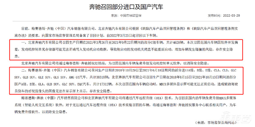 奔驰召回近万辆S级车型：软件问题或影响车灯，本月初也曾因车灯召回