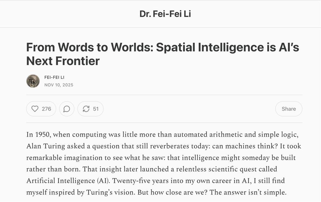 李飛飛重磅發(fā)聲：改變?nèi)祟愇拿骱?，這個(gè)技術(shù)將定義AI的下一個(gè)時(shí)代