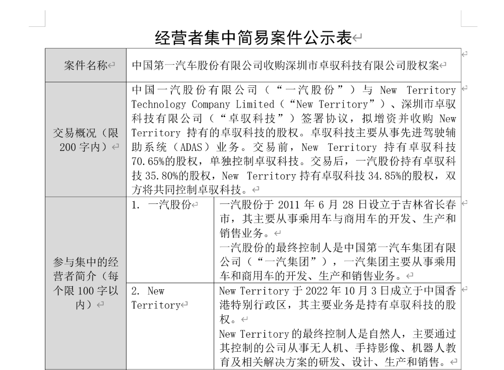 重磅，一汽集团拟收购卓驭35.8%股权！将成最大单一股东