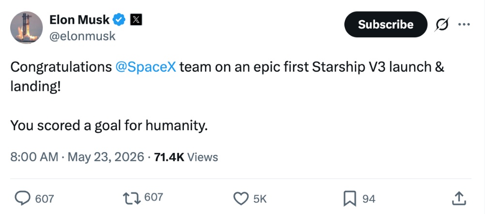 刚刚,马斯克SpaceX发射人类史上最大最强火箭!NASA局长点赞星舰V3