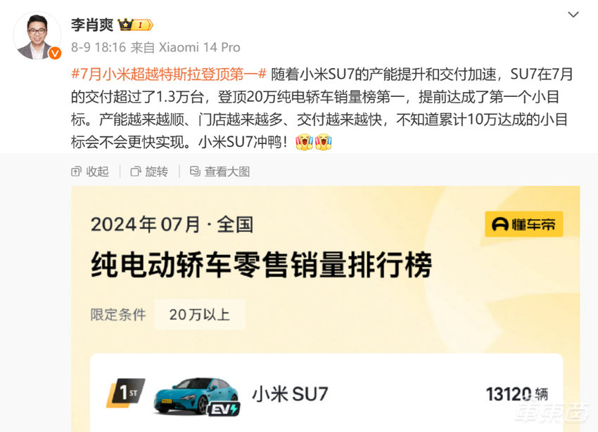 小米SU7首超特斯拉Model 3!登顶20万元以上纯电轿车销量榜首