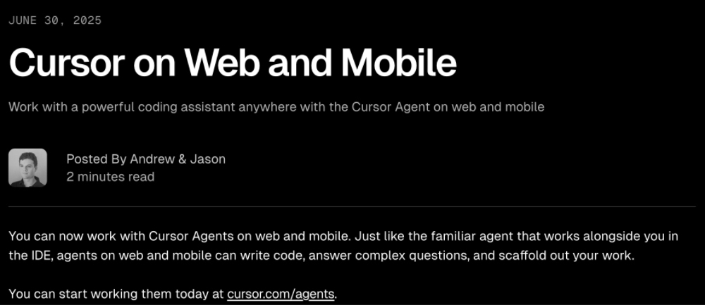 Cursor上线Web App，可在浏览器中调用Agent写代码