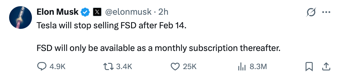 马斯克官宣FSD重大调整:30天后取消买断制,仅提供月租模式