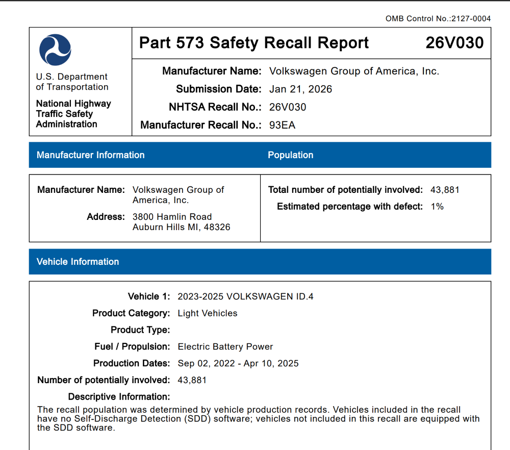 大众全球召回10万辆车!电池存在起火隐患