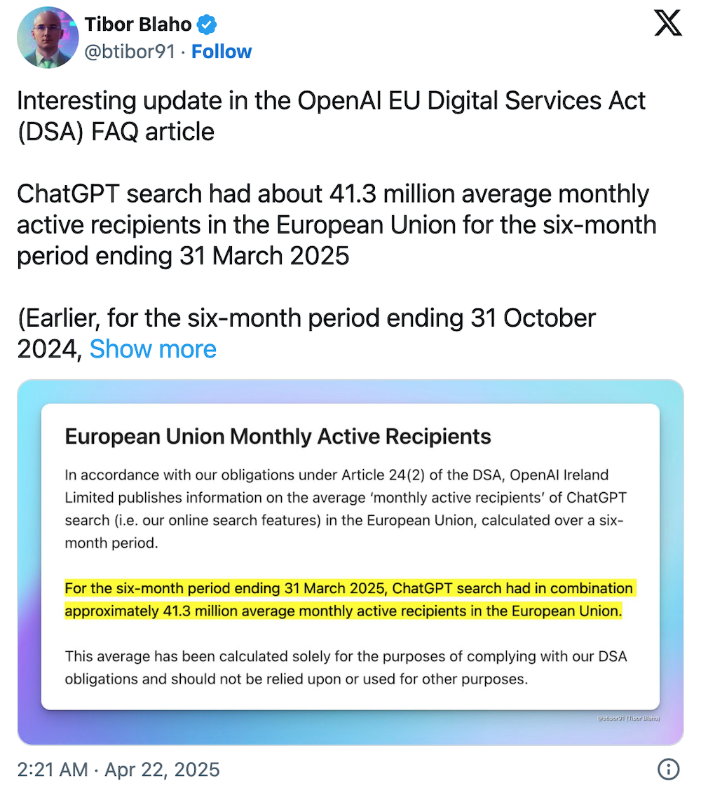 ChatGPT搜索欧洲月活超4000万，环比增长近270%