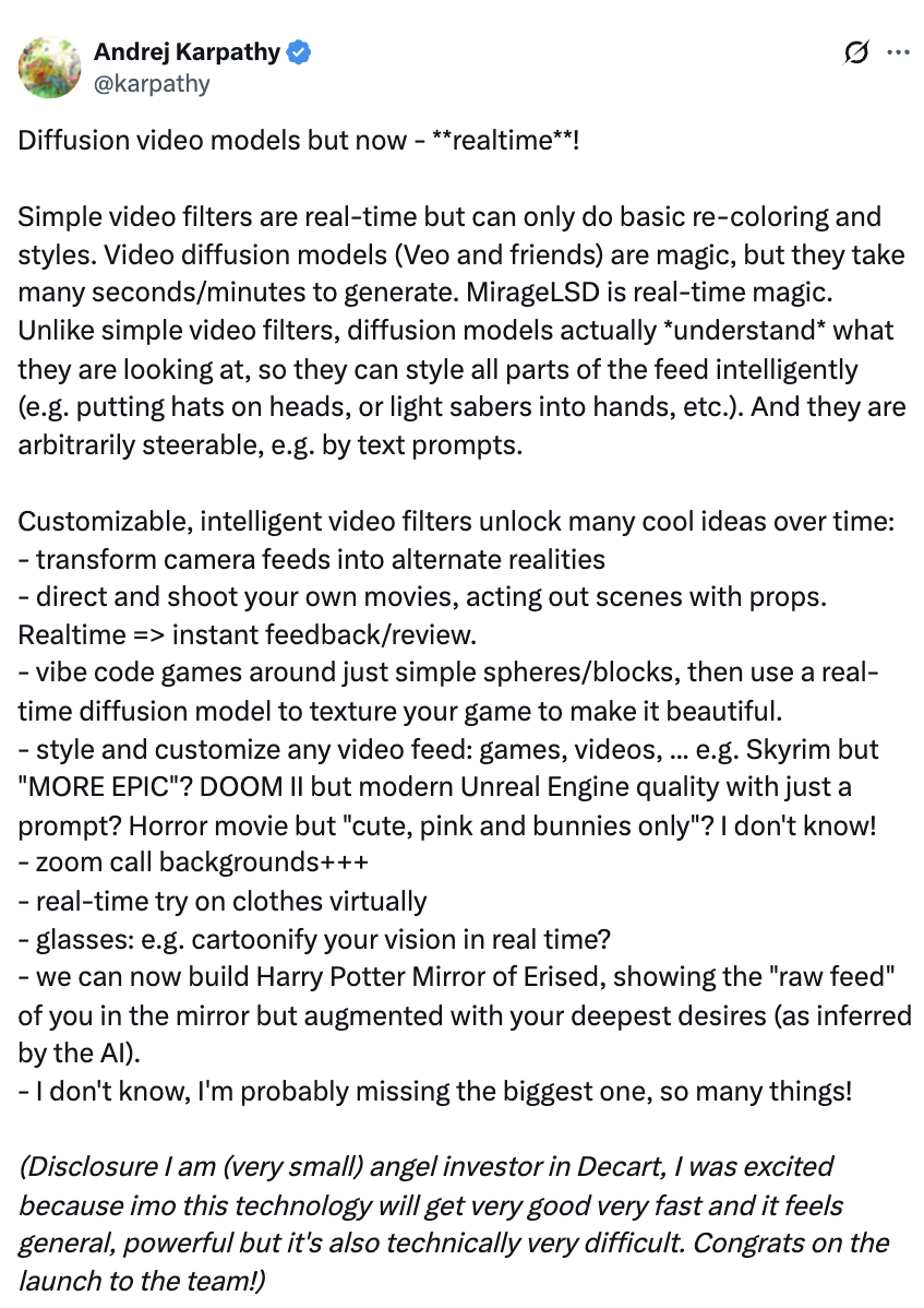 AI大神卡帕西投钱！全球首个直播生成模型发布，实时生成无时长限制