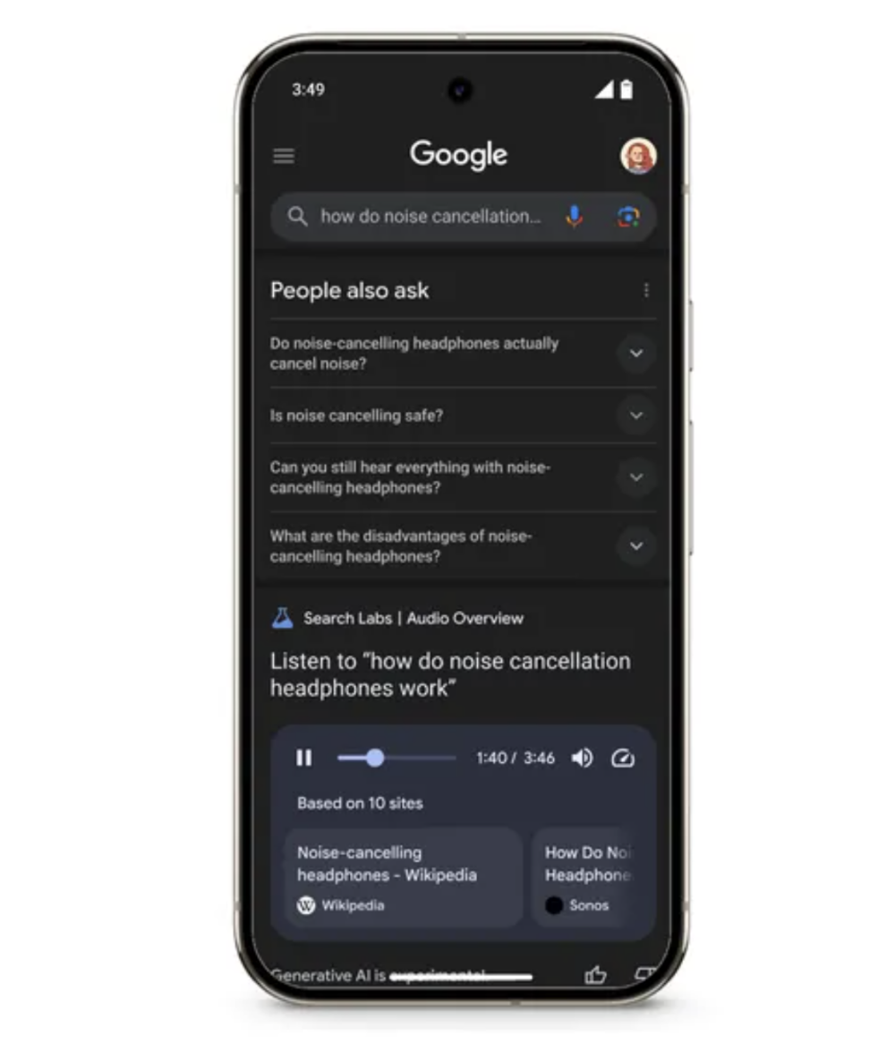 谷歌搜索集成音频概览,40秒生成播客总结内容