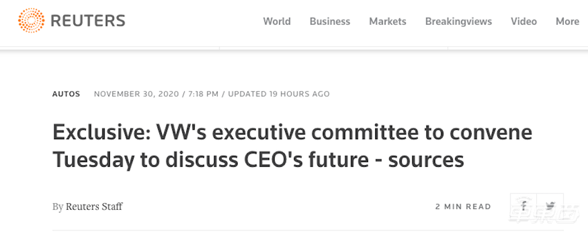 路透社:大众集团即将召开会议,讨论CEO迪斯任期延长问题