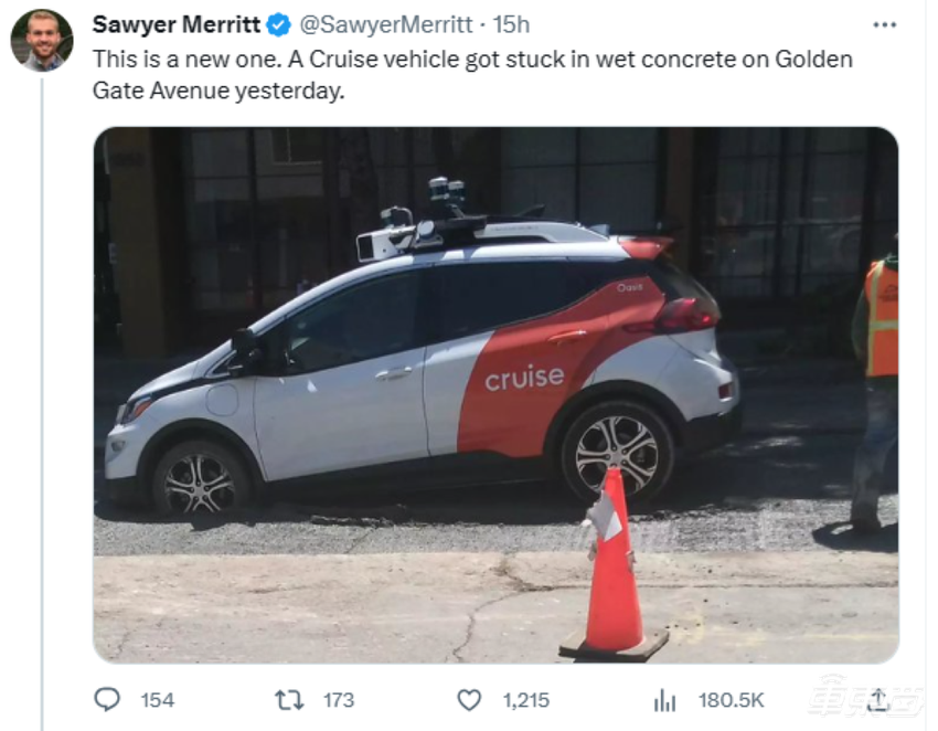 Cruise无人驾驶出租车又闯祸了？驶入混凝土中，此前刚获得全日运营资格