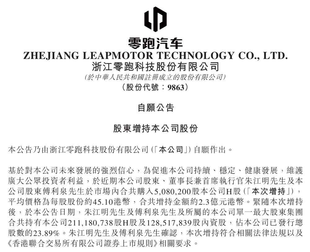 朱江明增持零跑股份！累计增持12亿港币，两年五次回购