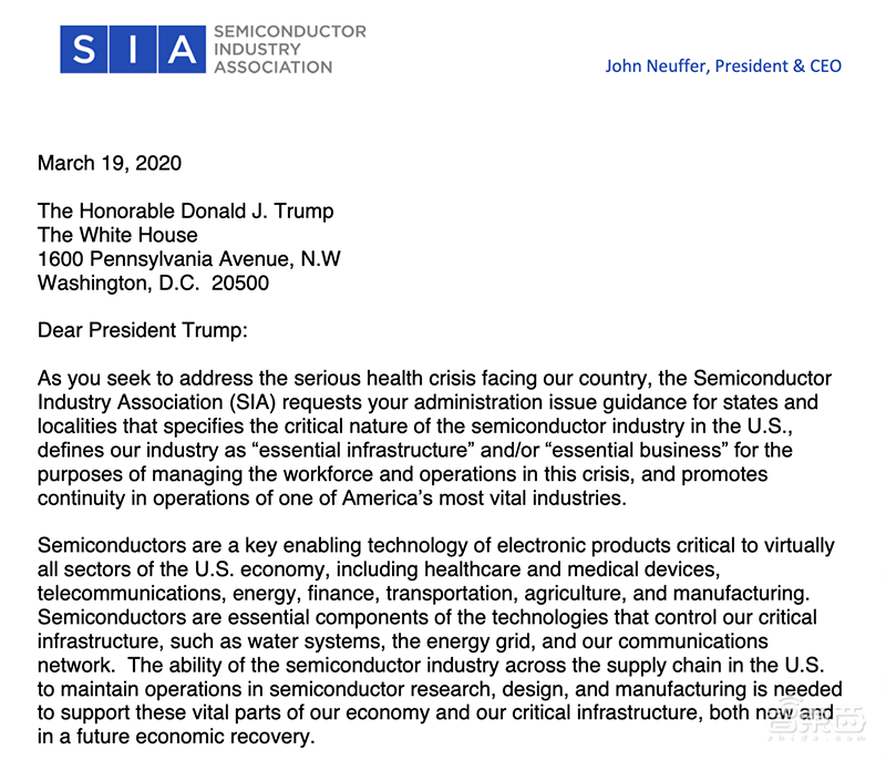 美国半导体产业协会上书特朗普：疫情中应确保半导体产业运营