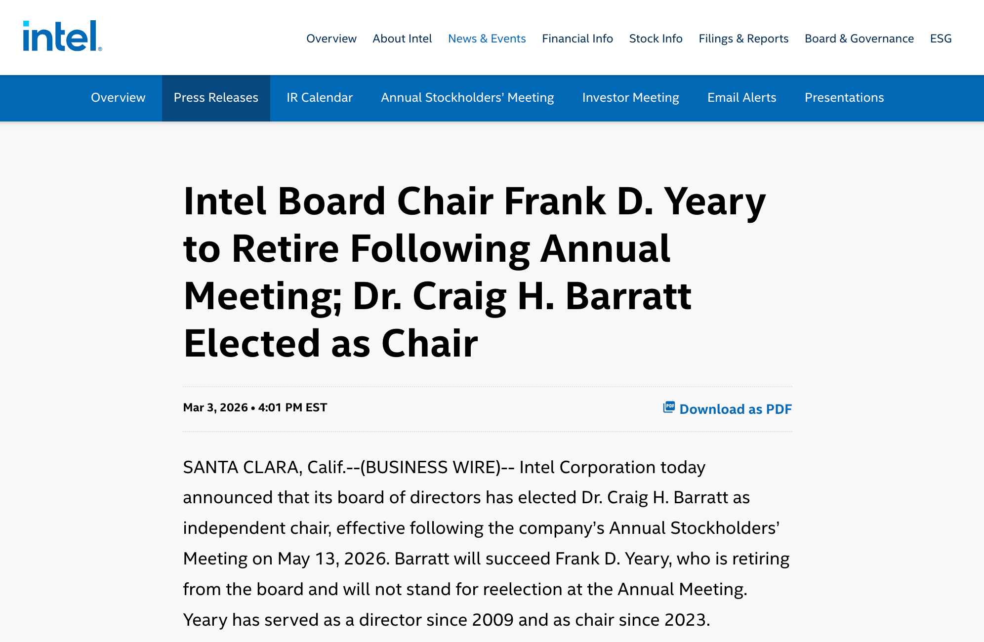 突发！英特尔董事长换人