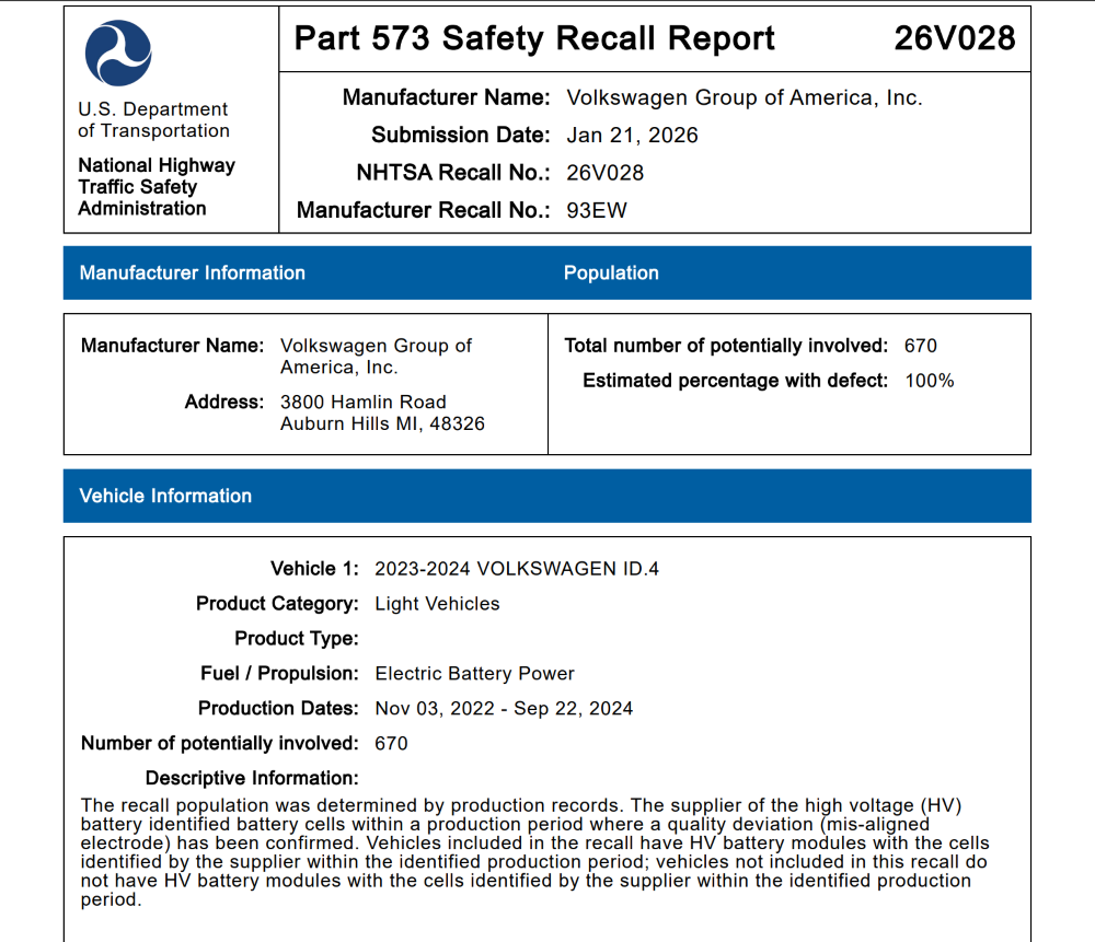 大众全球召回10万辆车!电池存在起火隐患
