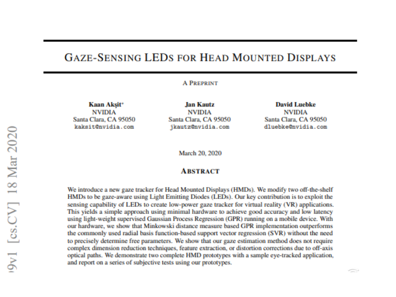 史上最简易的视线追踪硬件设计!英伟达用LED开辟轻量级VR头显新路径