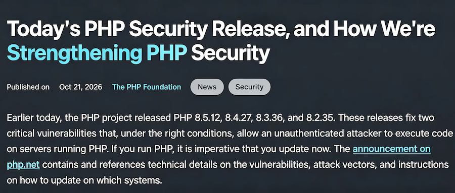 PHP两项9.2分高危漏洞修复:OpenAI与Wiz协助排查,官方提前发布补丁