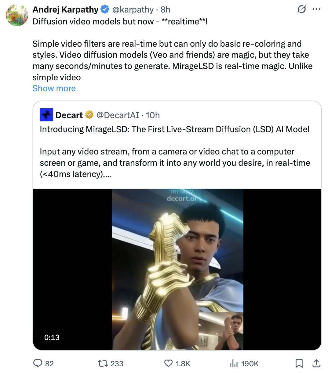 AI大神卡帕西投钱！全球首个直播生成模型发布，实时生成无时长限制