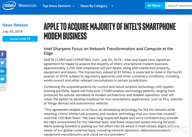 官宣!苹果10亿美元买下英特尔基带芯片业务,改写全球手机5G芯片战局