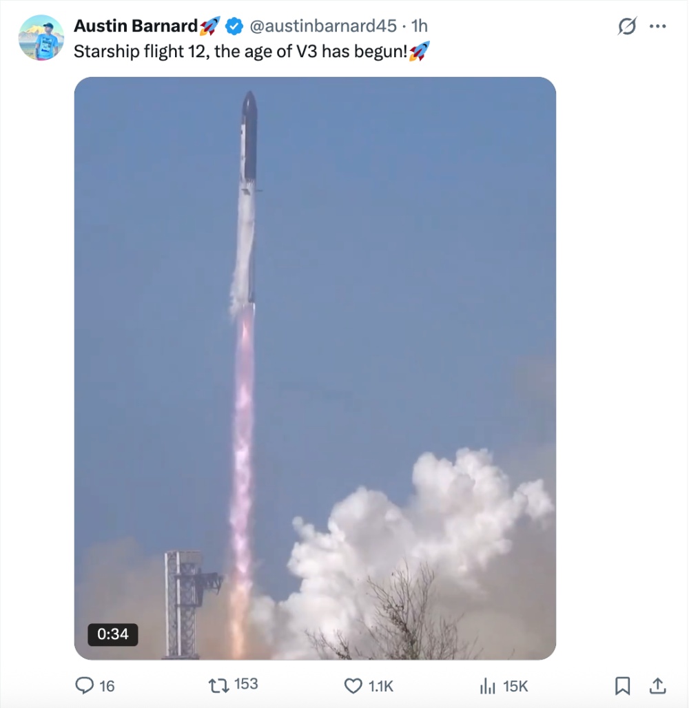 刚刚,马斯克SpaceX发射人类史上最大最强火箭!NASA局长点赞星舰V3