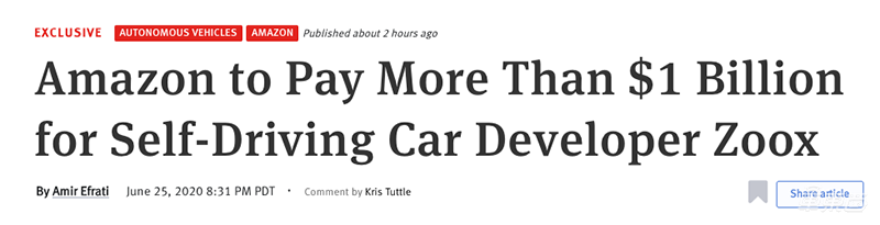 亚马逊或砸10亿美元收购自动驾驶创企Zoox,后者融资已超70亿