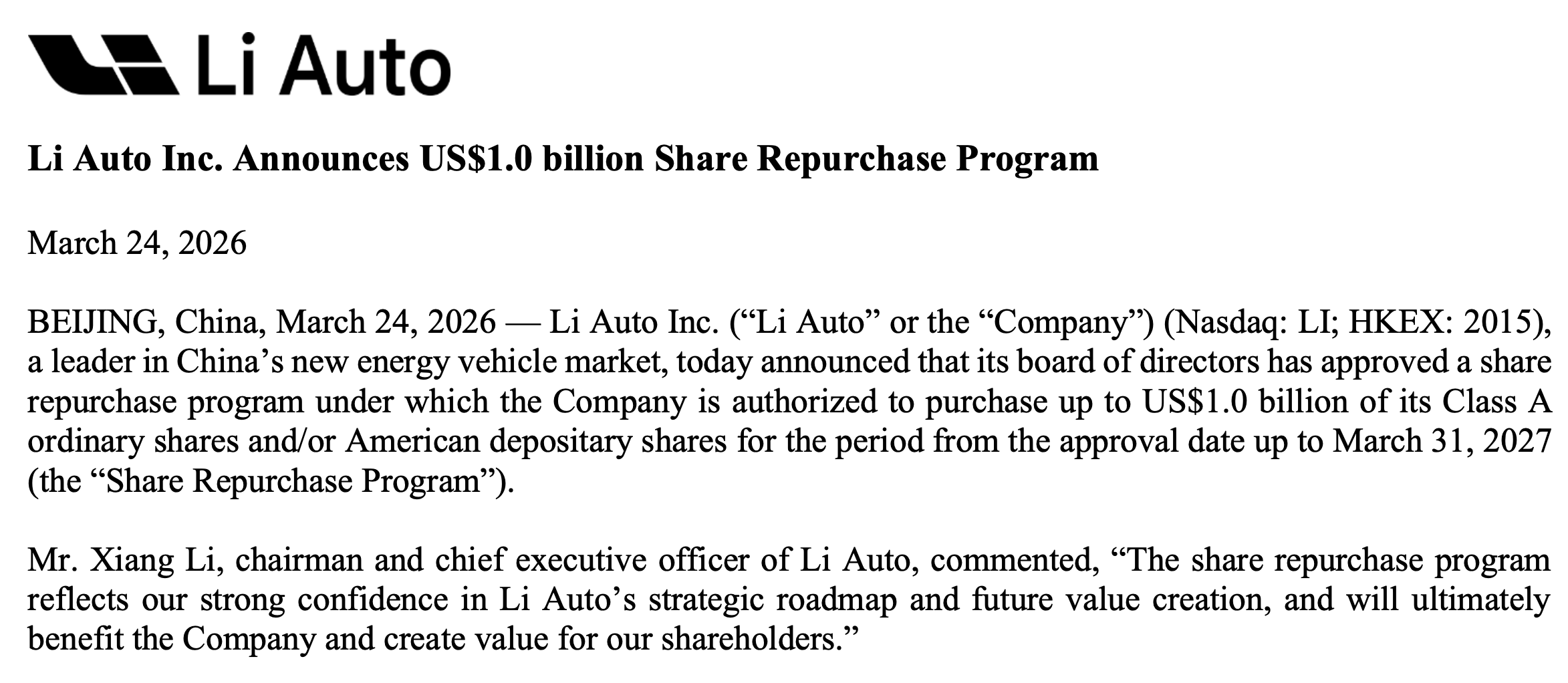 李想出手了！理想69亿元回购股票，美股盘前上涨