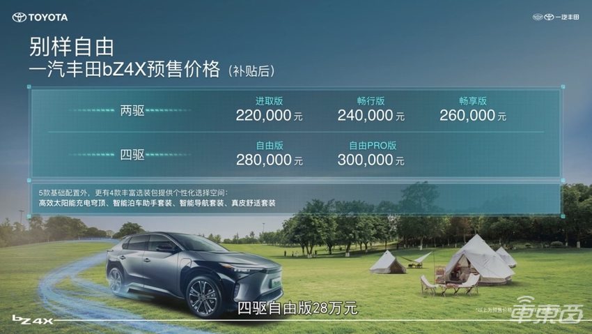 预售价22万起！丰田bZ4X国内发布，CLTC续航最高615km