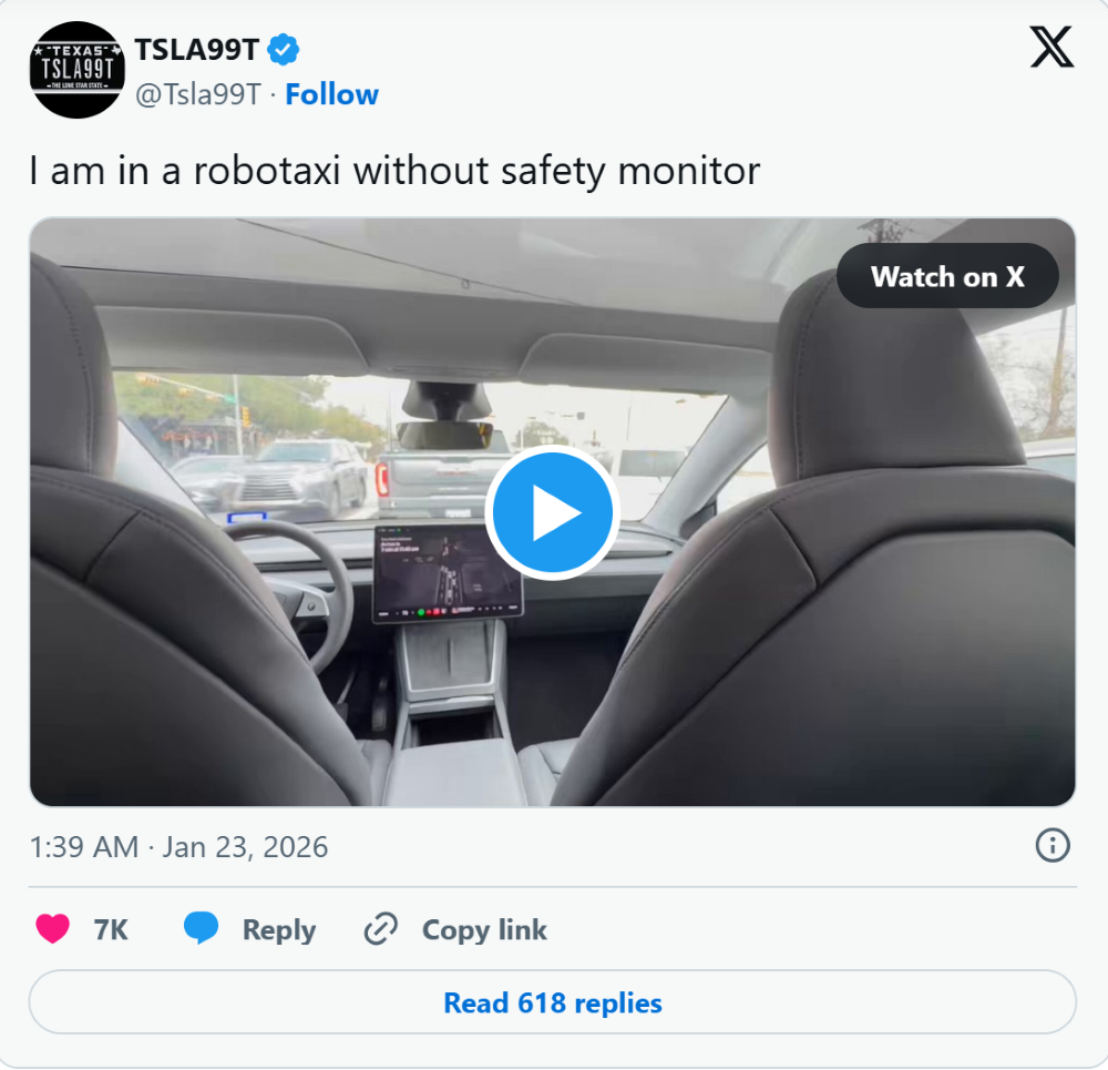 特斯拉启动无安全员Robotaxi服务!车辆太少,博主反馈一车难求