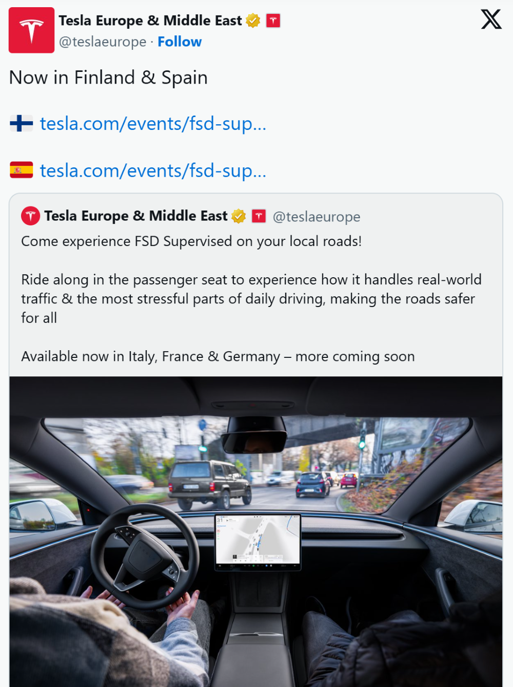 特斯拉在欧洲加速推广FSD!新增试驾体验,产品进入全新国家