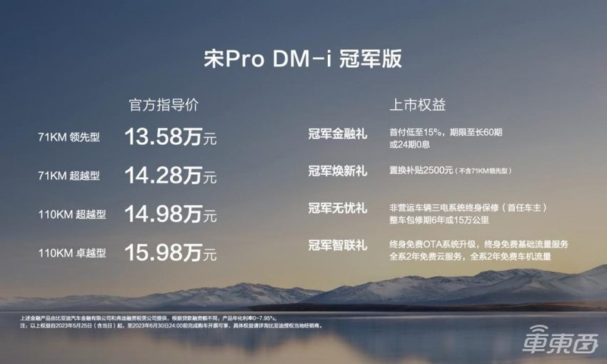 宋Pro DM-i冠军版13.58万起售，纯电续航110km