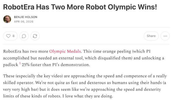 剥橘子、开锁、翻袜子全第一！全球最难真机赛场，中国公司反超最强大脑PI