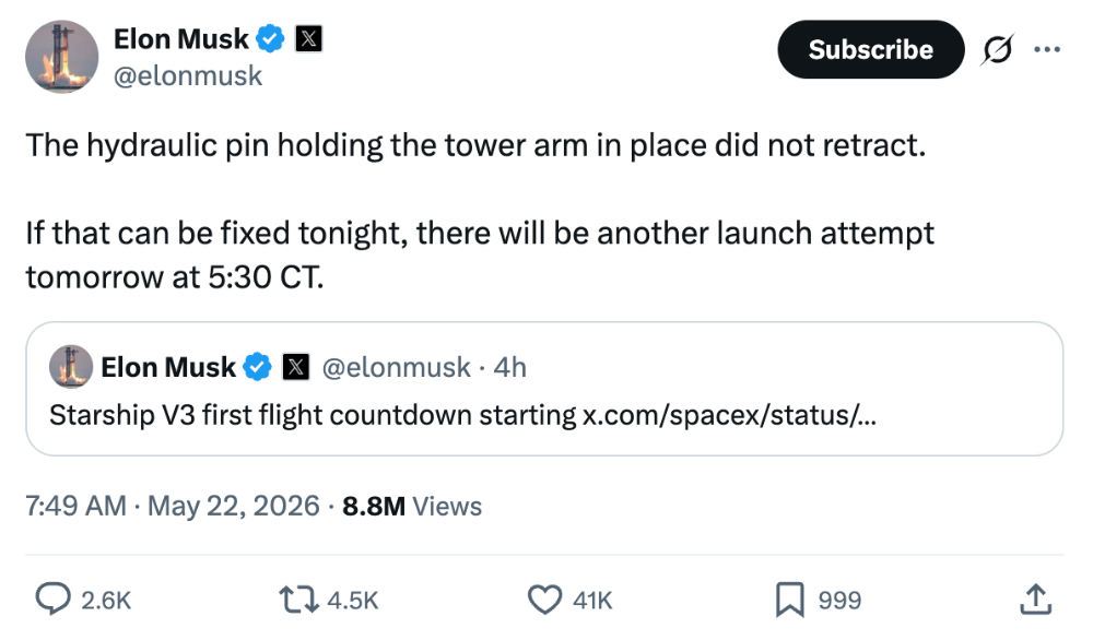 刚刚,马斯克SpaceX发射人类史上最大最强火箭!NASA局长点赞星舰V3
