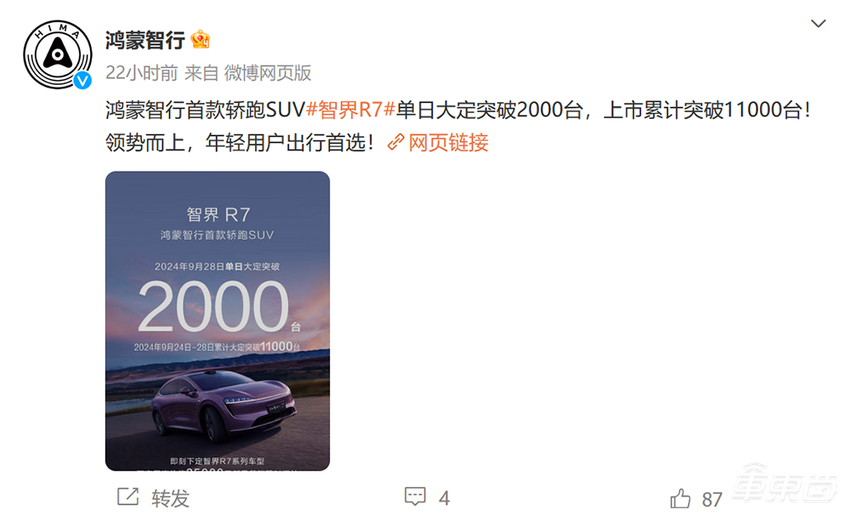 智界R7订单大增!余承东放狠话:我一般都失败两次,第三次一定崛起