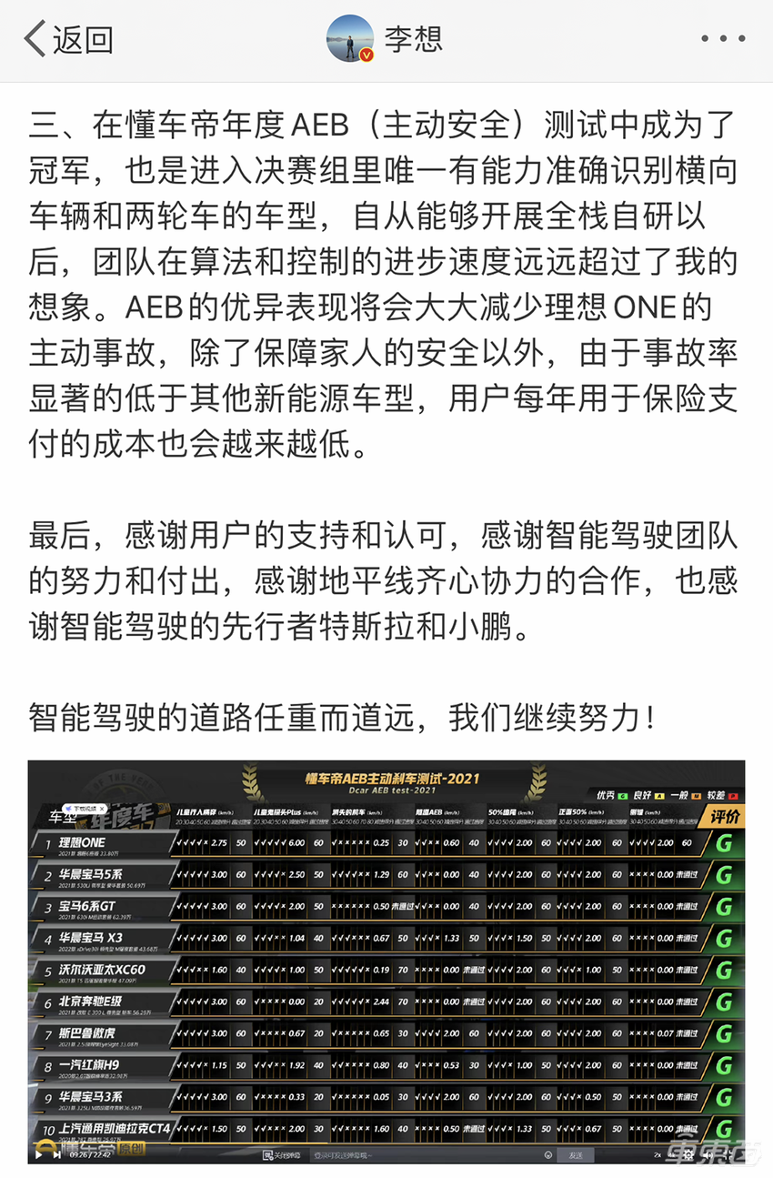 坚持全栈自研，理想ONE拿下AEB测试第一名
