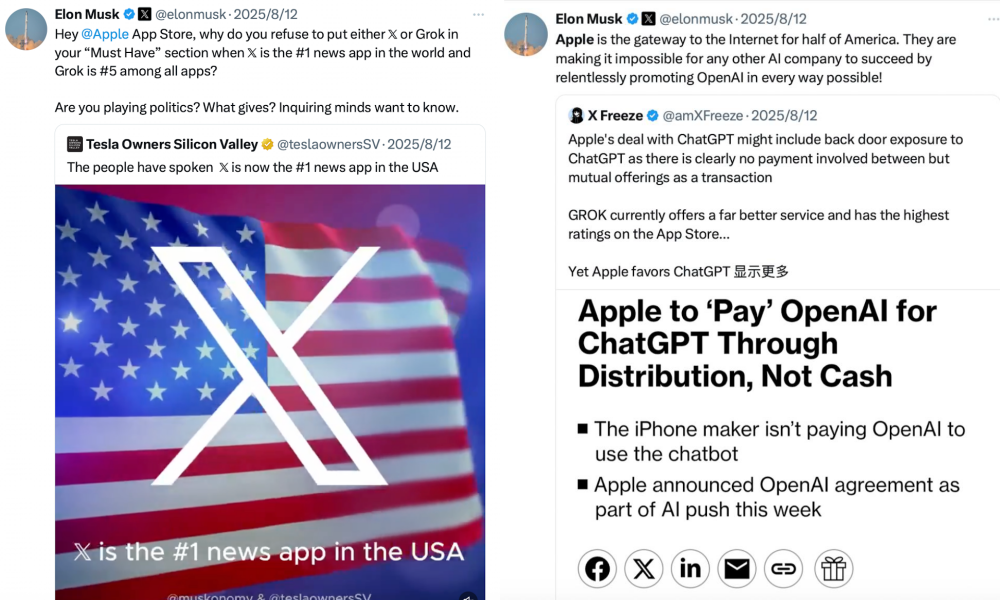 马斯克怒告苹果!索赔数十亿美元,指控其与OpenAI搞垄断
