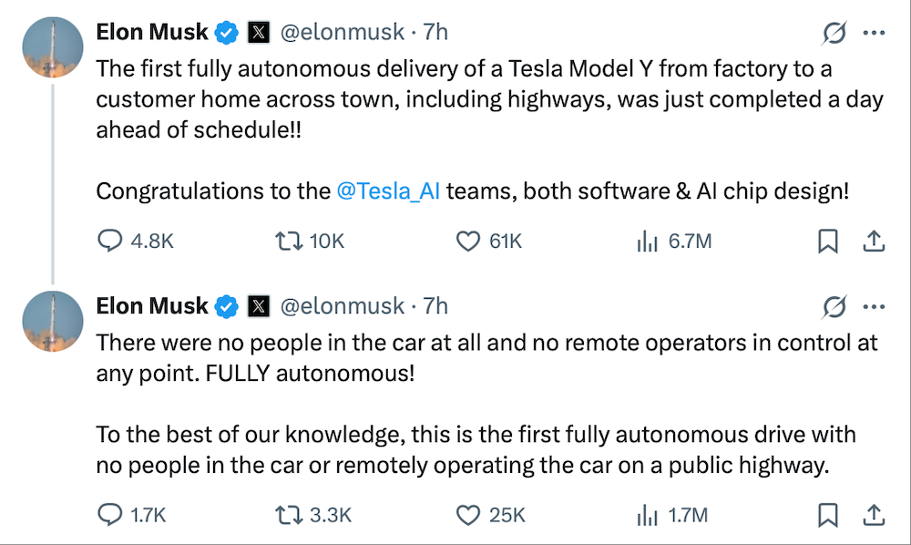 刚刚，一辆特斯拉自己从工厂开到车主家！马斯克很激动：全球首次
