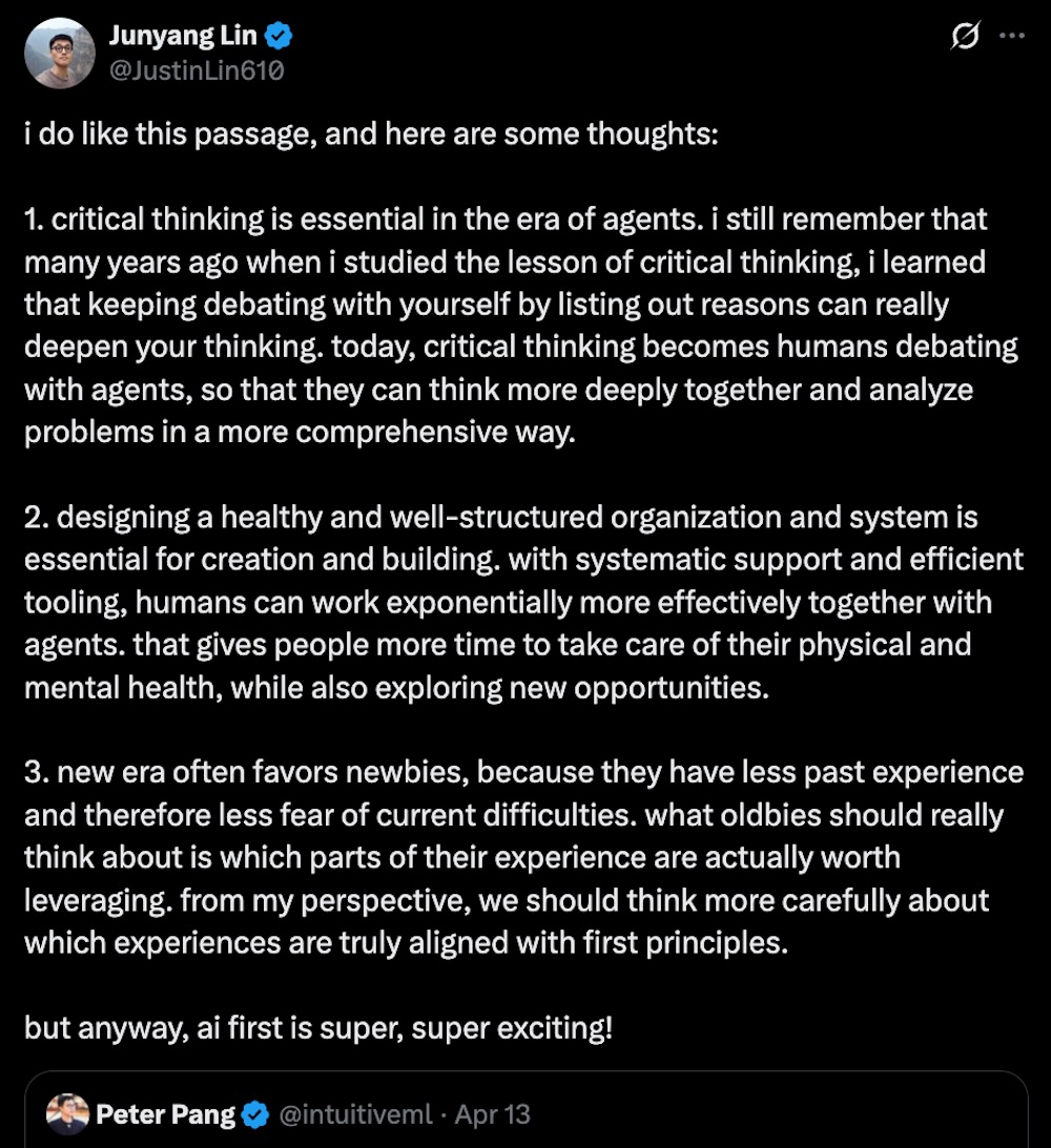 林俊旸点赞！AI-First是年轻人的机会，最佳实践公开了