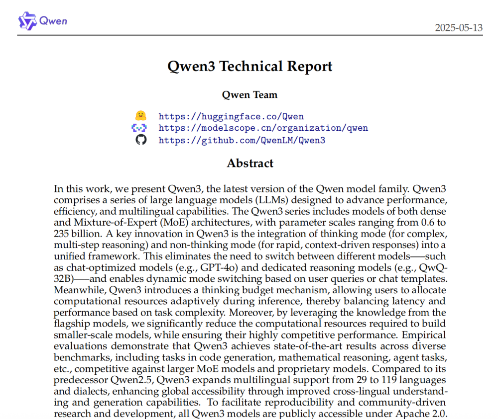 Qwen3技术报告公开！235B模型性能居开源模型榜首