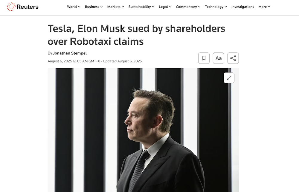 马斯克被股东告了！控诉特斯拉夸大无人出租安全性