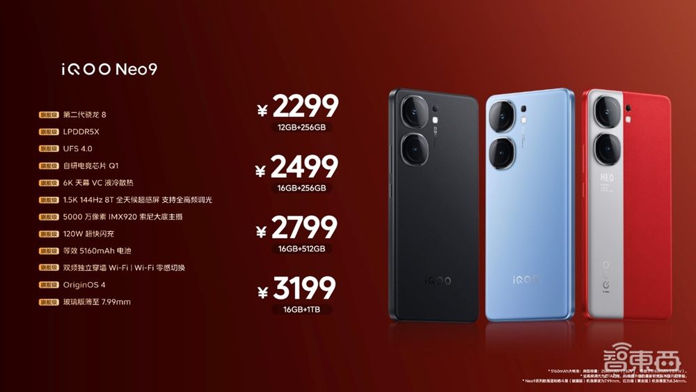 iQOO Neo9系列发布,搭天玑9300、蓝心大模型、电竞芯片Q1,2299元起