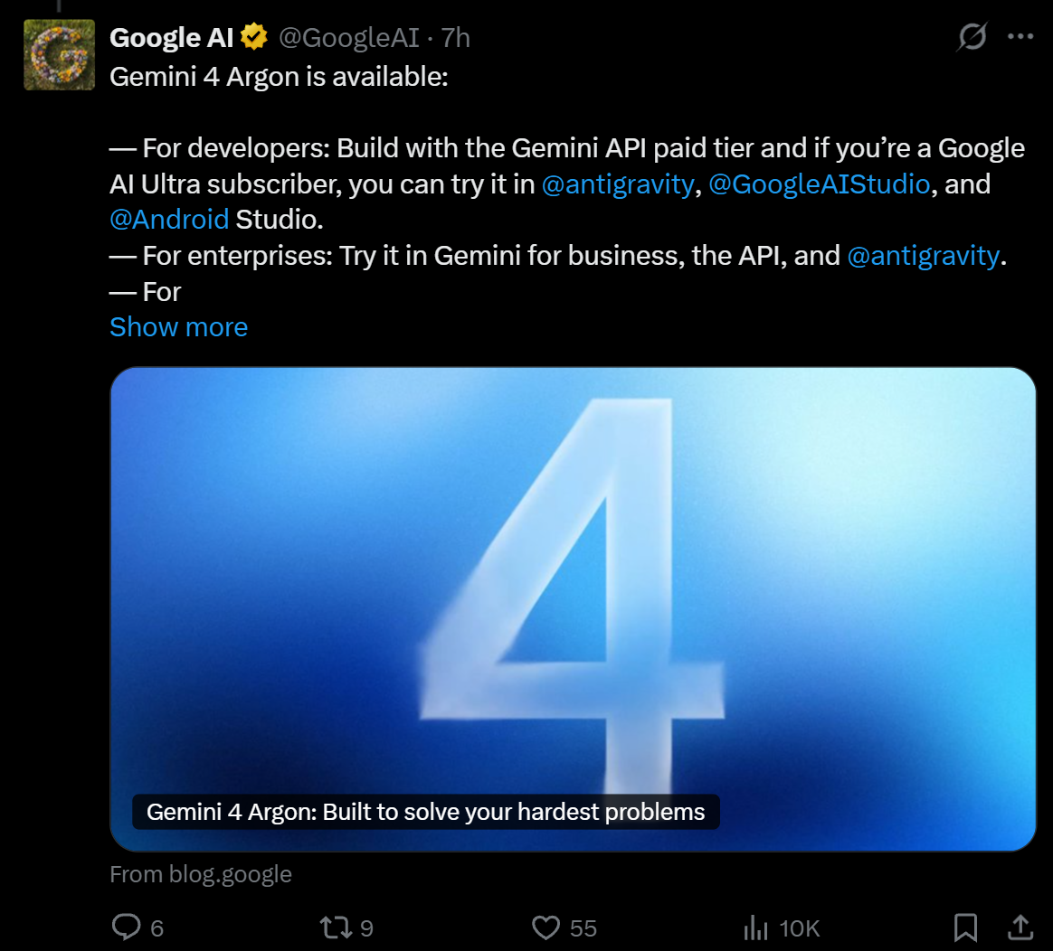Gemini 4 Argon全球上线,API限时五折,谷歌要杀回第一梯队!