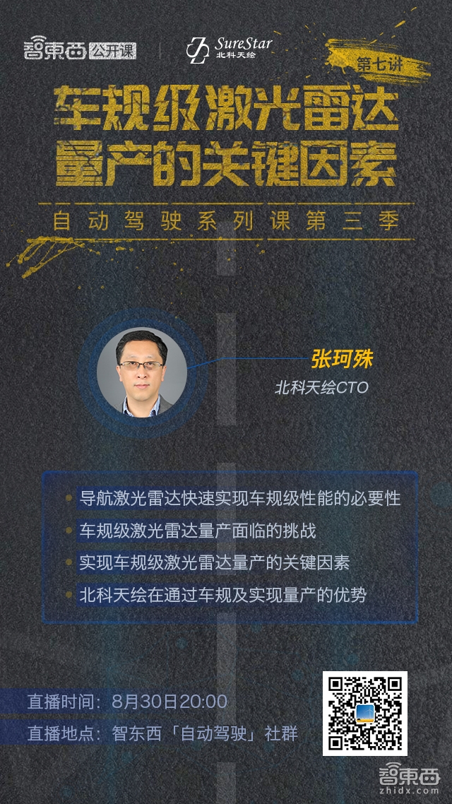 车规级激光雷达实现量产的关键因素！北科天绘CTO张珂殊明晚开讲 | 智东西公开课预告