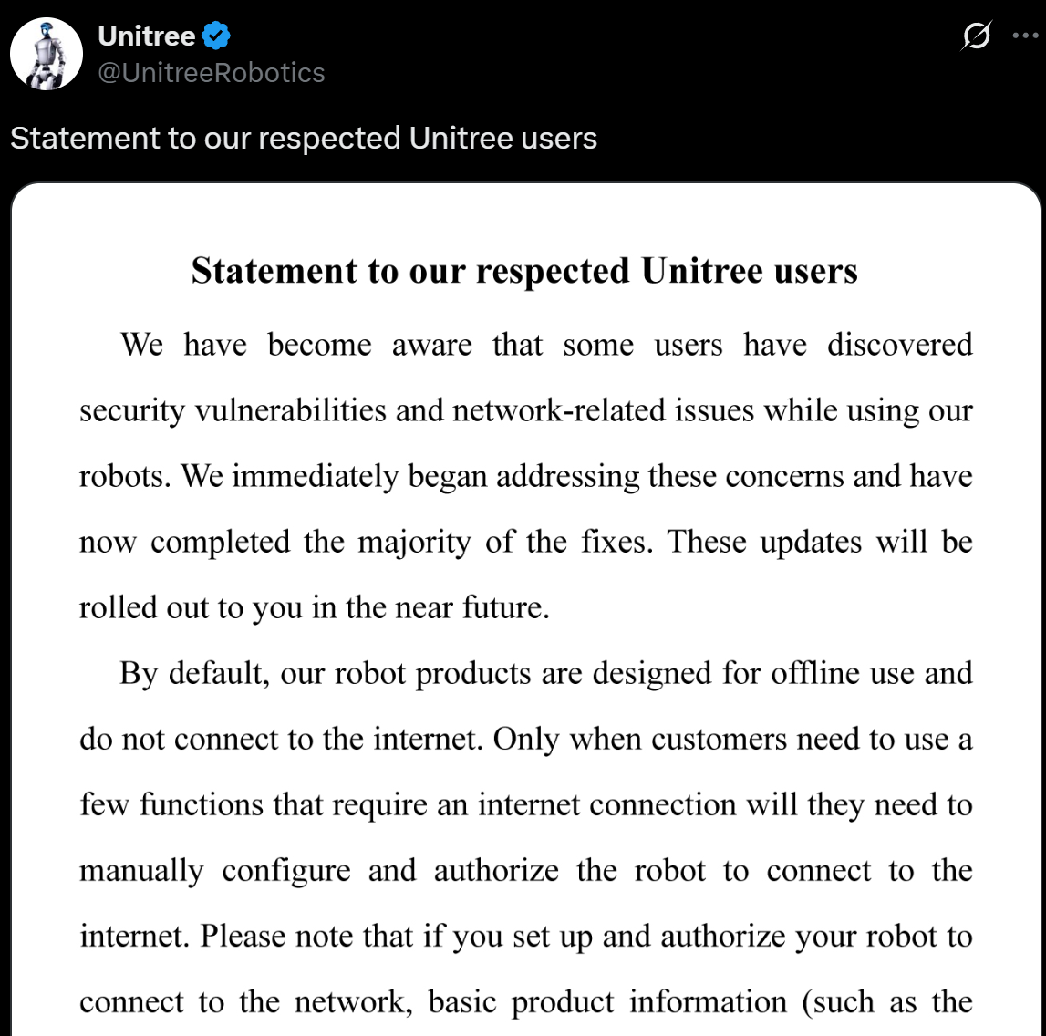 宇树机器人惊现漏洞，攻击者能掌控一支机器人大军！官方回应了